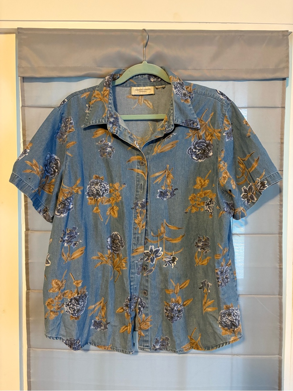 Lemon Grass Lightweight Denim Hydrangea Button-Up Shirt